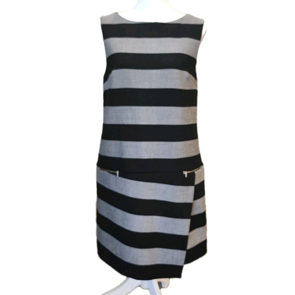 Banana Republic Dress Womens 12 Black Gray Stripe Zip Pockets Sheath Casual Work